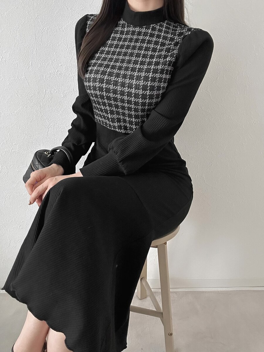 FRIFUL Women's Houndstooth Stand Collar Long Sleeve Elegant Dress - Black - View 1