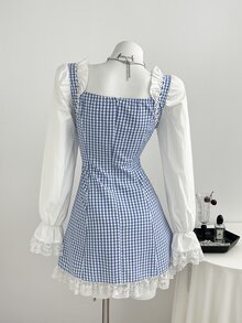 Elamini Sweet Pure Aesthetic Plaid Patchwork 2 In 1 Lace Tie Waist Slim Fit A-Line Long Sleeve Dress - Blue - View 2
