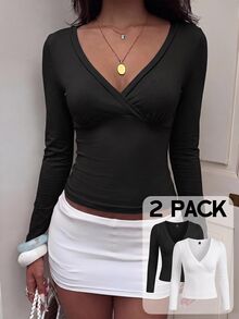 SHEIN EZwear Casual Sexy Minimalist Fall New 2 Pieces Set Women's V-Neck Long Sleeve Versatile Outfit, Best Friend Vintage Street Style, Night Out White Black - Multicolor - View 7