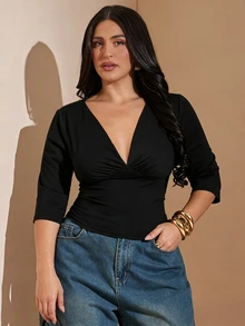 SHEIN BAE CURVE Plus Size Women's Solid Color Deep V-Neck Short Sleeve Fitted T-Shirt - Black - View 6