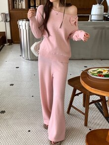 DAZY Women's Solid Color Bow Decor Asymmetric Shoulder Long Sleeve Sweater Fall - Pink - View 7