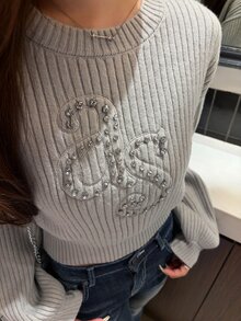 FRIFUL Women's Casual 2000s Rhinestone Decorated Sweater, Autumn/Winter Date School Light Grey Autumn Winter Long Sleeve Tops - Grey - View 8