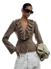 LYSMO Women's Striped Deep V-Neck Ruffle Trim Fashion Versatile Overcoat Autumn Clothes Night Out Outfit - Khaki - View 4