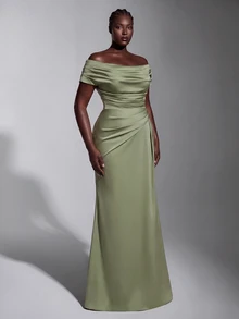 Elitara Plus Size Elegant Luxurious Sage Green Elastic Satin Ruched Off Shoulder Mermaid Dress For Wedding Formal Party, Vacation, Ball, Evening Event, Autumn - Green - View 9