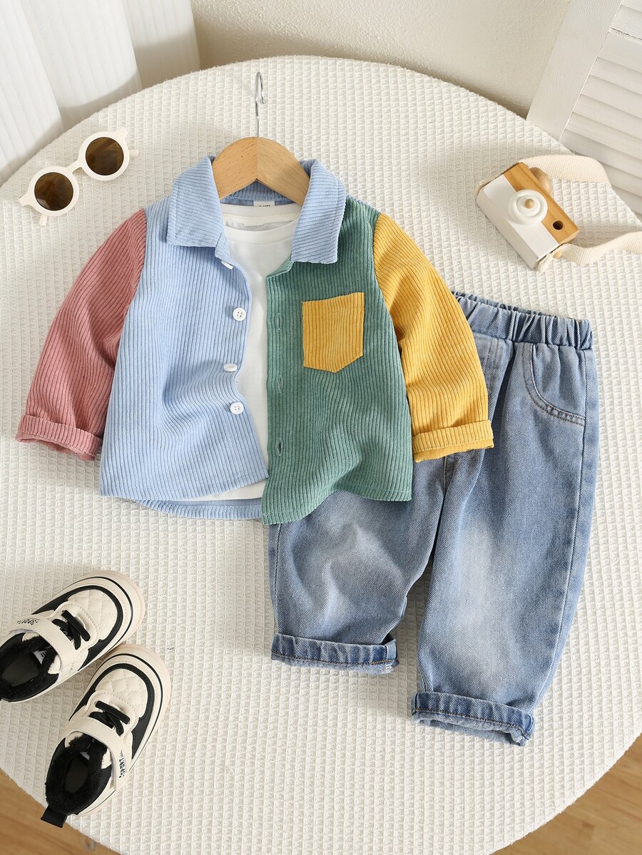 SHEIN 2件組男嬰秋冬彩色襯衫與牛仔褲套裝,襯衫套裝,嬰兒套裝,丹寧套裝,可愛套裝 - 彩色 - 查看 1