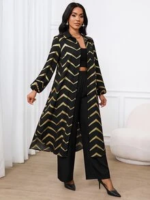 SHEIN Lady 女款金色箔波浪條紋長襯衫與長褲休閒兩件套 - 黑色 - 查看 7