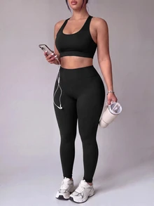 SHEIN Velisys Plus Size Solid Color Cropped Tank Top & Leggings Sports Set - Multicolor - View 6