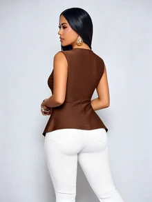 SOLERSUN Women's Ruffle V Neck Sleeveless Asymmetrical Hem Fitted Waist Vest Perfect Vacations And Parties - Brown - View 2