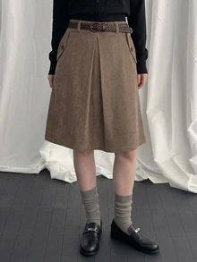 DAZY Rok Wanita Kasual Musim Semi/Gugur Model A-Line Warna Polos Panjang Selutut dengan Lipit dan Kantong, Cocok untuk Liburan Musim Semi/Gugur - Khaki - View 5