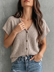 SHEIN Cardigan Rajut Wanita Warna Polos Model V-Neck Batwing Lengan Pendek Kancing Tunggal - Khaki - View 3