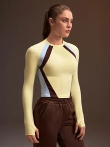 Powerista Kaos Olahraga Wanita Lengan Panjang Kerah Bulat Potongan Slim Fit Warna Kuning Cokelat Biru - Kuning - View 5