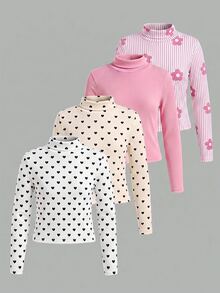 SHEIN 4pcs/Set Cute Versatile Knitted Polka Dot & Floral Pattern Long Sleeve Tops For Baby Girls - Pink - View 6
