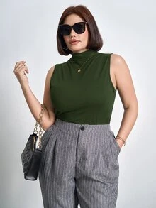 Chikora 大尺碼抓皺修身立領背心上衣，演唱會女裝穿搭，商務休閒女裝 - 墨綠色 - 查看 4