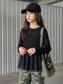 Dazy Kids Tween Girl Solid Color Pleated Casual Versatile Daily Wear Top - Black - View 10