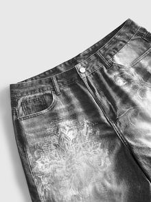 ROMWE MEN Men's Heavyweight Washed Printed Straight Leg Loose Fit Denim Jeans - Grey - View 3