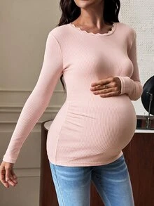 SHEIN 孕婦休閒純色長袖T恤，適合秋季 - 粉色 - 查看 6