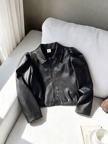 SHEIN Sparklyn 少女純色PU皮革拉鍊時尚百搭夾克外套 - 黑色 - 查看 1