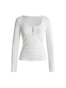 ROMWE Women's Y2K Sexy All-Match Versatile Zip-Up Cross Decor T-Shirt - White - View 1
