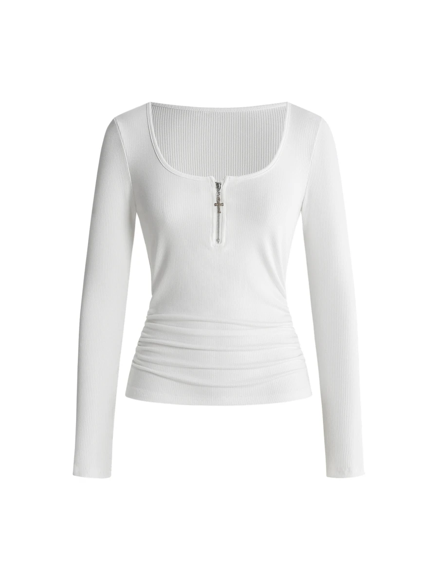 ROMWE Women's Y2K Sexy All-Match Versatile Zip-Up Cross Decor T-Shirt - White - View 1