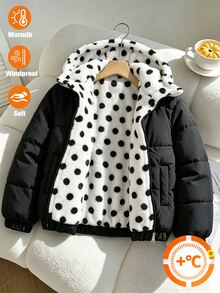 SHEIN Tween Girls Black Polka Dot Fleece Lining Hooded Winter Jacket School Club Cute Cool Girl - Baby Pink - View 6