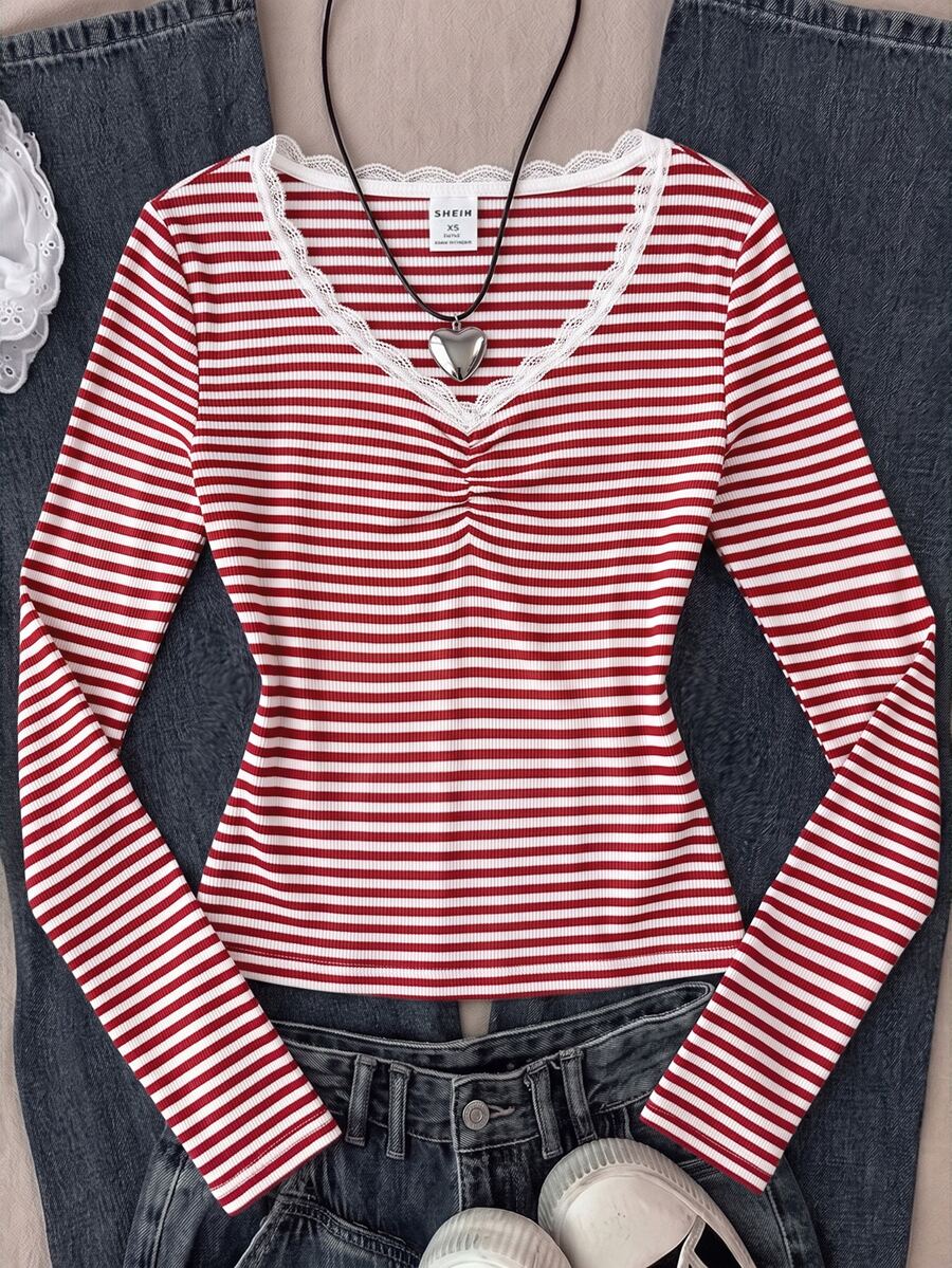 Tween Girl Tween Girl Tween Girls Striped Ruched Chest Long Sleeve Lace Trim - Red - View 1