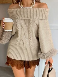 Livesso Women's Elegant Off Shoulder Sweater, Autumn/Winter Vacation - Apricot - View 7