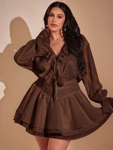 SHEIN BAE CURVE 大尺碼女款純色V領荷葉邊下擺休閒浪漫優雅 L'amoure 夏季洋裝 秋季早午餐派對約會之夜 棕色 - 咖啡棕 - 查看 5
