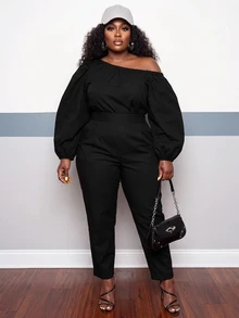 Slaydiva Plus Size Jumpsuit, Black Off Shoulder Puff Sleeve High Waist Slim Fit Romper - Black - View 9