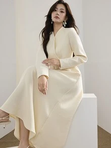 Heiryn Gaun Elegan Wanita Warna Polos Kerah V Lengan Panjang - Aprikot - View 2
