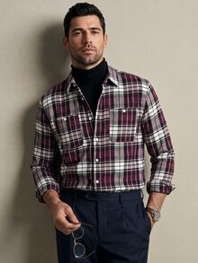 Lornavo Men's Plaid Long Sleeve Single-Breasted Casual Pocket Shirt Work White And Navy Autumn - Dusty Purple - View 7