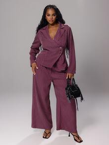 Rustia Plus Size Spring/Autumn Vintage Premium Fashion Striped Long Sleeve Waist-Cinching Slimming Blazer Suit Set - Burgundy - View 1
