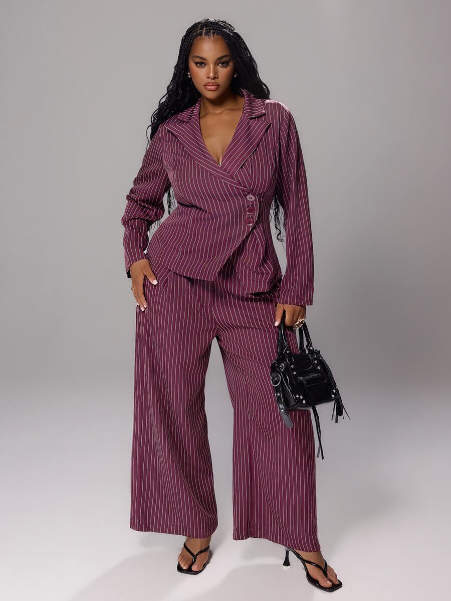 Rustia Plus Size Spring/Autumn Vintage Premium Fashion Striped Long Sleeve Waist-Cinching Slimming Blazer Suit Set - Burgundy - View 1