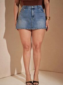 SHEIN BAE تنورة جينز قصيرة متعددة الاستخدامات للنساء بمقاسات كبيرة مع جيوب وأزرار ملابس العمل للنساء - أزرق متوسط - مشاهدة 5