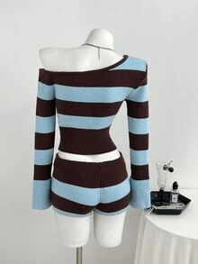Elamini Women's Casual Versatile Fitted Color-Block Striped Daily Commute Outfit Autumn/Winter Asymmetrical Shoulder Sweater 2 Pieces Set - Multicolor - View 2