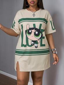 Slaydiva THE POWERPUFF GIRLS X SHEIN 大尺碼女款字母卡通印花短袖休閒洋裝，適合外出、街頭穿搭、機場穿著 - 彩色 - 查看 3