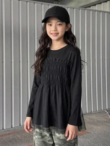 Dazy Kids Tween Girl Solid Color Pleated Casual Versatile Daily Wear Top - Black - View 11