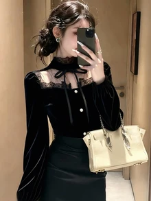 DAZY Women's Lace Patchwork Casual Versatile Daily Wear T-Shirt Fall - Black - View 2