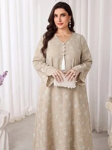 Al Najma Plus Size Women's Floral Embroidered Tassel Design Long Sleeve Elegant Arabian Dress - Khaki - View 3