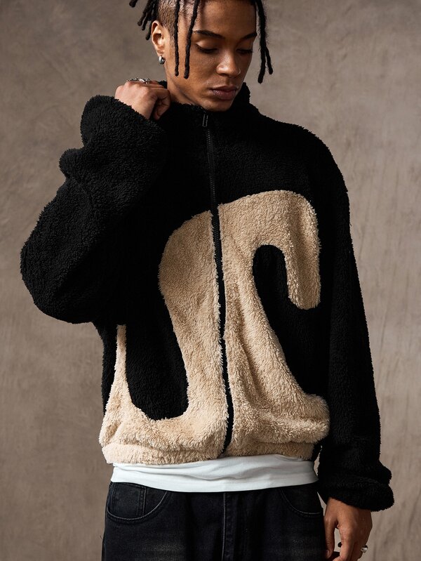 ROMWE MEN Street Life Men's Autumn/Winter Casual Colorblock Fuzzy Jacket