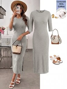 Easowa Women's Solid Color Casual Daily Summer Mid-Length Dress - Grey - View 3