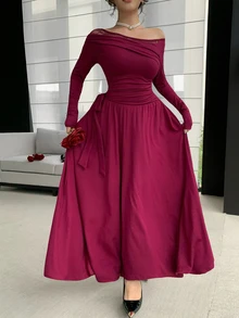 DAZY Women's Solid Color Contrast Lace Asymmetrical Shoulder Long Sleeve Side Waist Knot Elegant Mid-Length Dress Fall - Burgundy - View 8