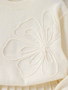 少女女孩針織套裝，米杏色特殊繩編刺繡圓領套頭毛衣與百褶裙針織套裝，柔軟舒適，適合日常穿著、外出、旅行、度假與玩耍 - 杏色 - 查看 5