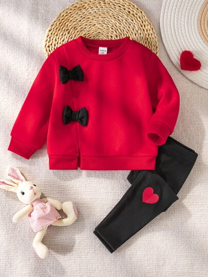 SHEIN Setelan 2 Potong Baju Sweatshirt dan Legging Rajut Lucu untuk Bayi Perempuan dengan Pita
