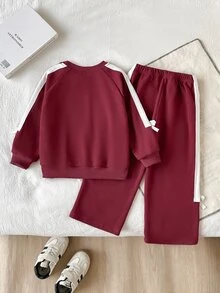 SHEIN 女童兩件套，蝴蝶結裝飾，側縫配色飾邊，寬腿褲，可愛簡約休閒風，適合日常穿著、運動、度假 - 酒紅色 - 查看 2