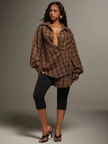 Denimoi Asymmetrical Button Front Plaid Top Fashionable Streetwear Cool Girl Style Fashion Tops Fall - Brown - View 5