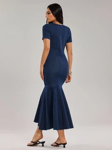Rivivi Women's V-Neck Short Sleeve Fitted Elegant Denim Dress With Fishtail Hem - Blue - View 2