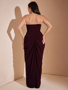 SHEIN BAE CURVE 大尺碼女款黑色優雅開衩長洋裝 - 紫紅色 - 查看 7
