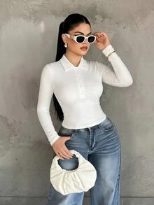 SHEIN SXY White High Elasticity Knitted Polo Collar Long Sleeve Fitted Cropped Top - White - View 3