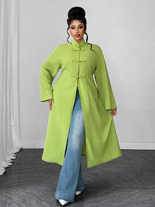 Maweii Cardigan Panjang Terbuka Depan Gaya Cheongsam Cina Ukuran Plus untuk Musim Gugur - Hijau - View 3
