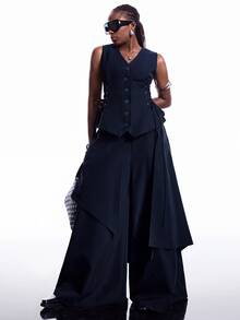 Solflare Plus Size Fashion Button Drawstring Tie Blazer Vest - Navy Blue - View 3